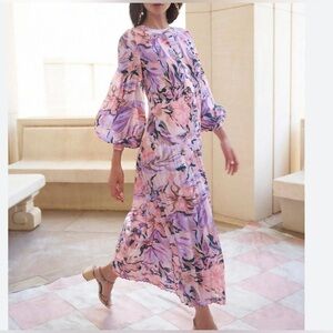 MISOOK FLORAL DROPWAIST BALLOON SLEEVE MIDI DRESS ROSE PETAL MULTI MEDIUM